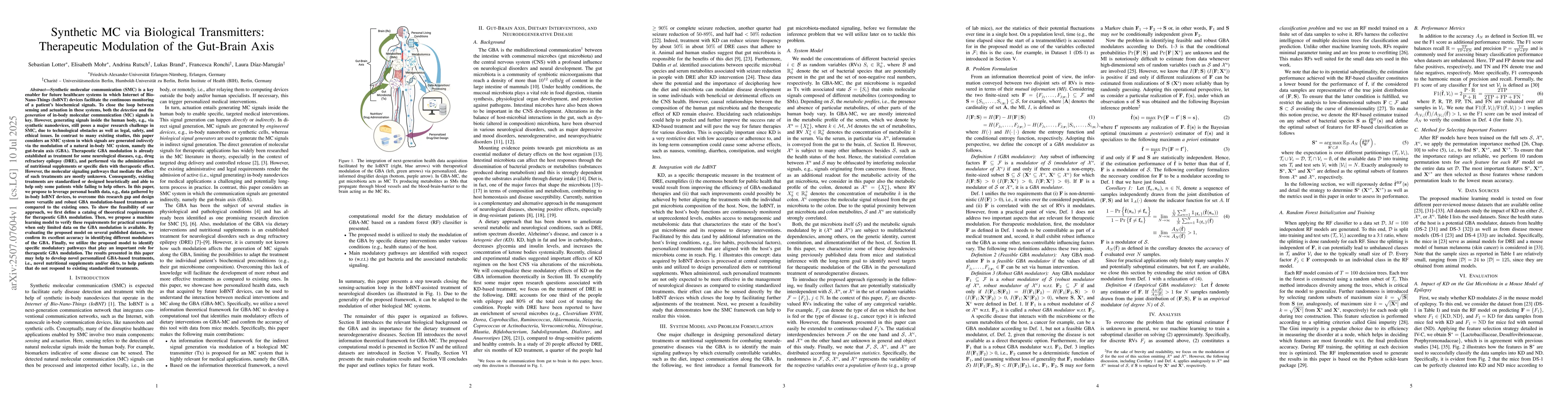 Thumbnail for Synthetic MC via Biological Transmitters: Therapeutic Modulation of the
  Gut-Brain Axis