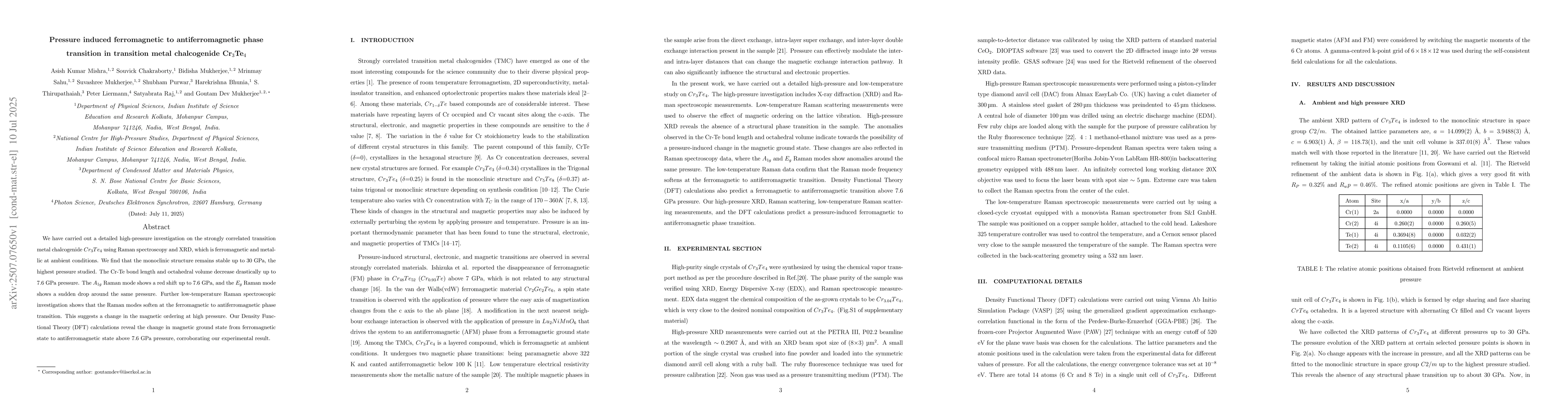 Thumbnail for Pressure induced ferromagnetic to antiferromagnetic phase transition in
  transition metal chalcogenide Cr$_{3}$Te$_4$