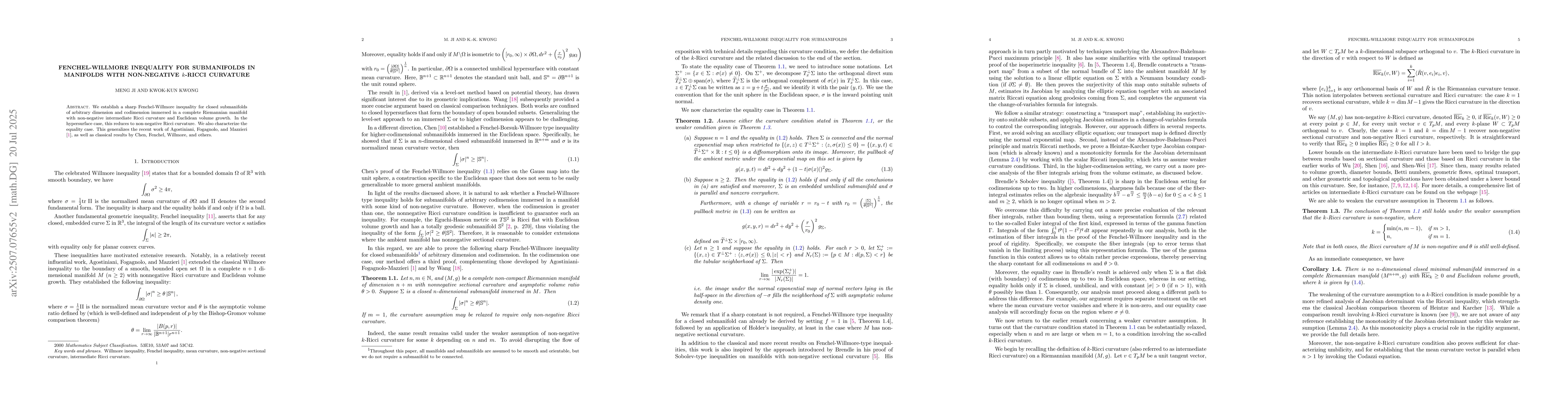 Thumbnail for Fenchel-Willmore inequality for submanifolds in manifolds with
  non-negative $k$-Ricci curvature