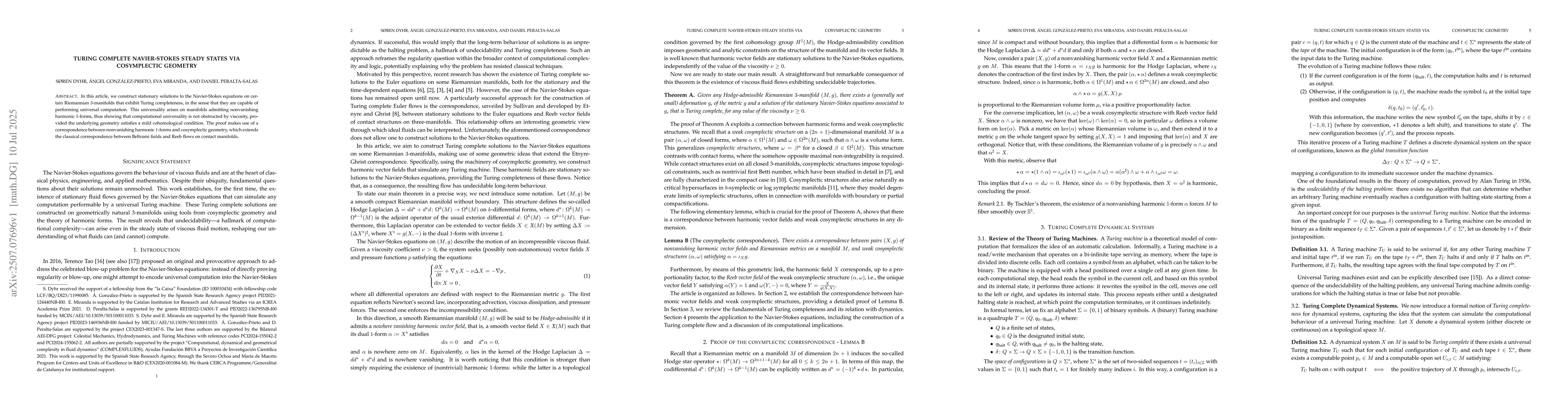 Thumbnail for Turing complete Navier-Stokes steady states via cosymplectic geometry