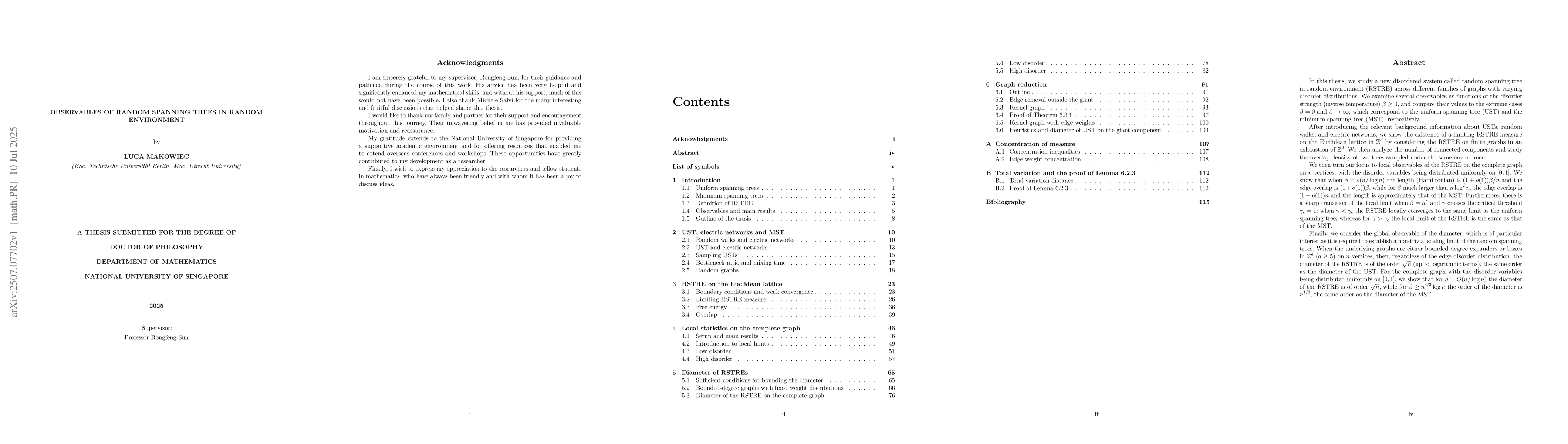 Thumbnail for Observables of random spanning trees in random environment