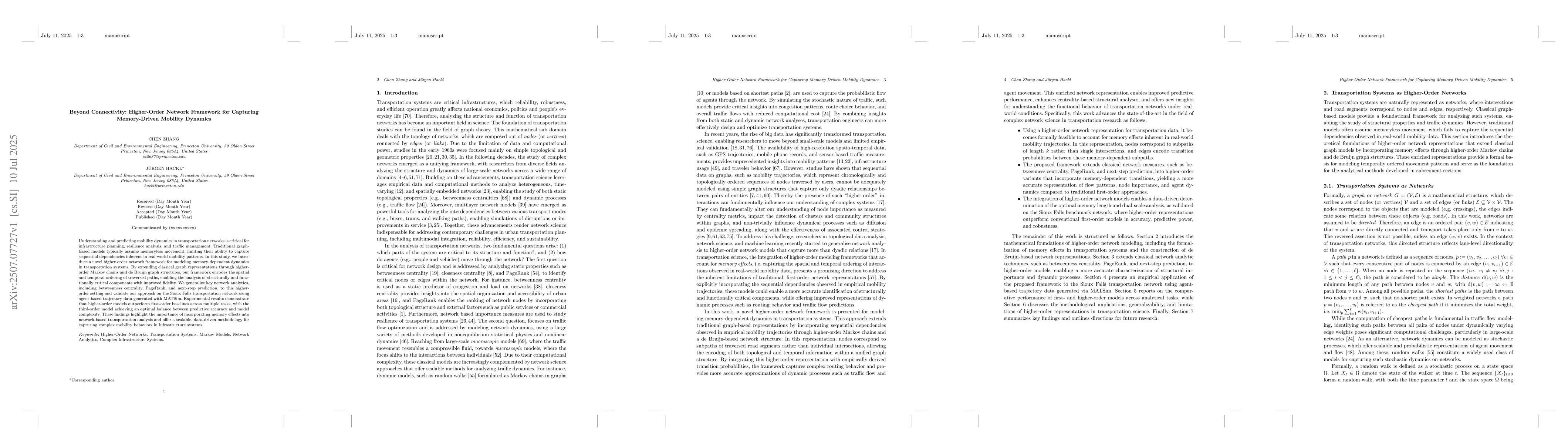 Thumbnail for Beyond Connectivity: Higher-Order Network Framework for Capturing
  Memory-Driven Mobility Dynamics