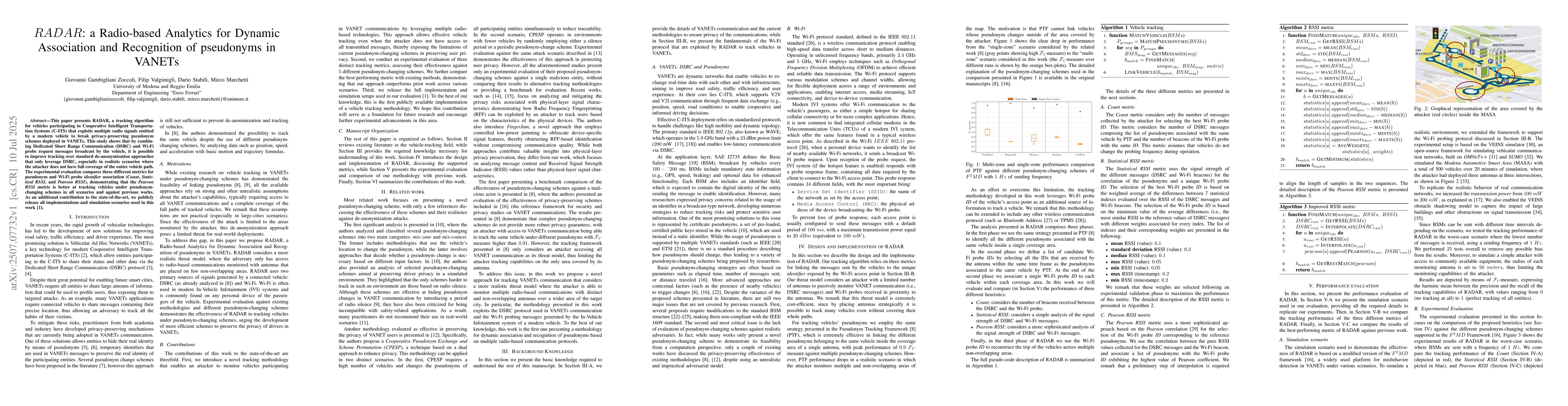 Thumbnail for RADAR: a Radio-based Analytics for Dynamic Association and Recognition
  of pseudonyms in VANETs