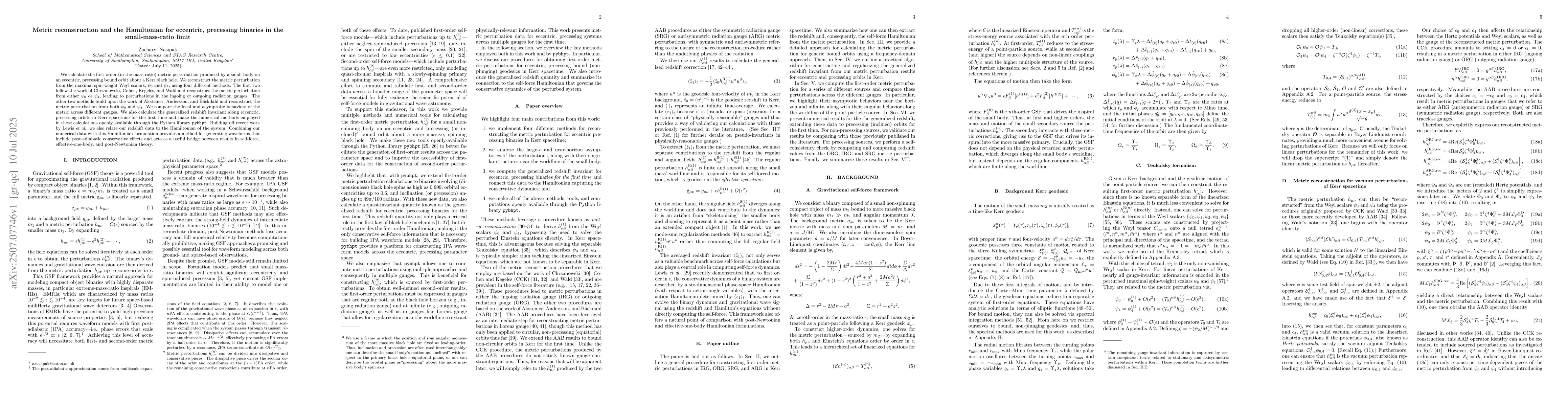 Thumbnail for Metric reconstruction and the Hamiltonian for eccentric, precessing
  binaries in the small-mass-ratio limit