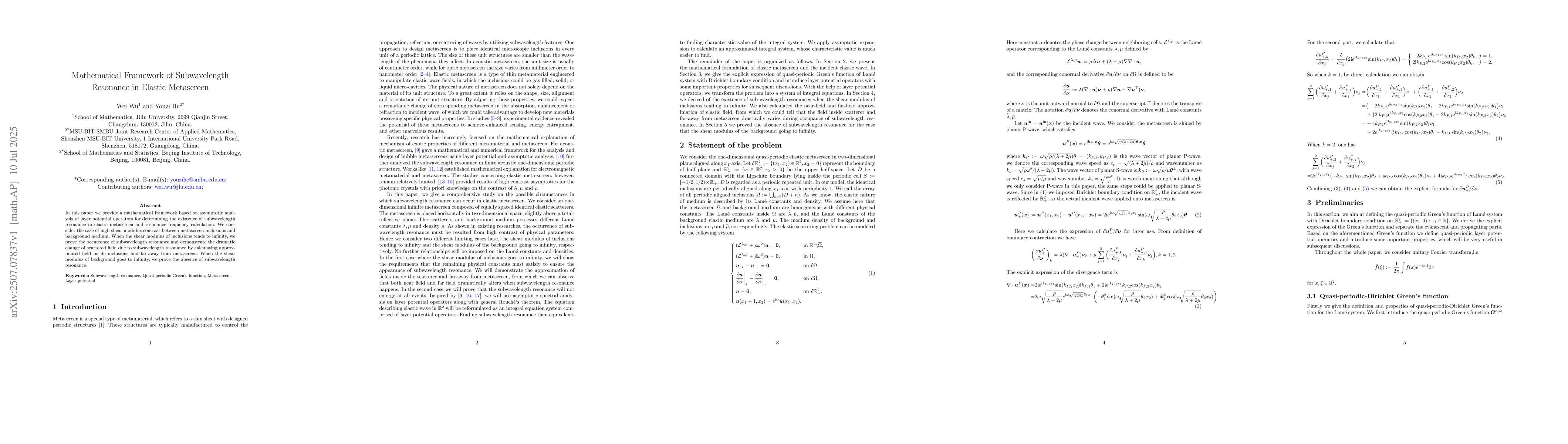Thumbnail for Mathematical Framework of Subwavelength Resonance in Elastic Metascreen