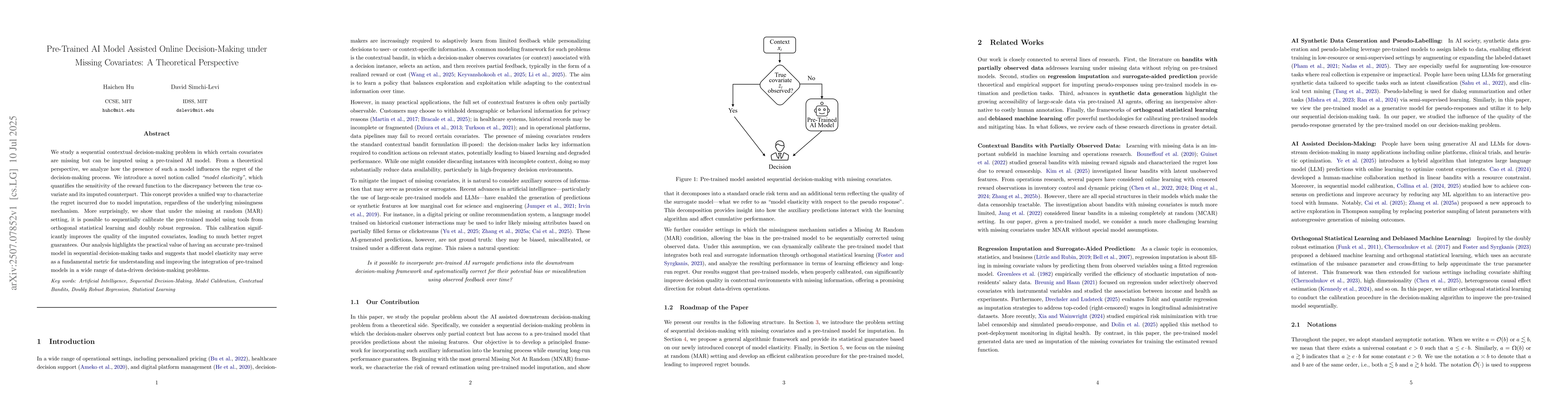 Thumbnail for Pre-Trained AI Model Assisted Online Decision-Making under Missing
  Covariates: A Theoretical Perspective