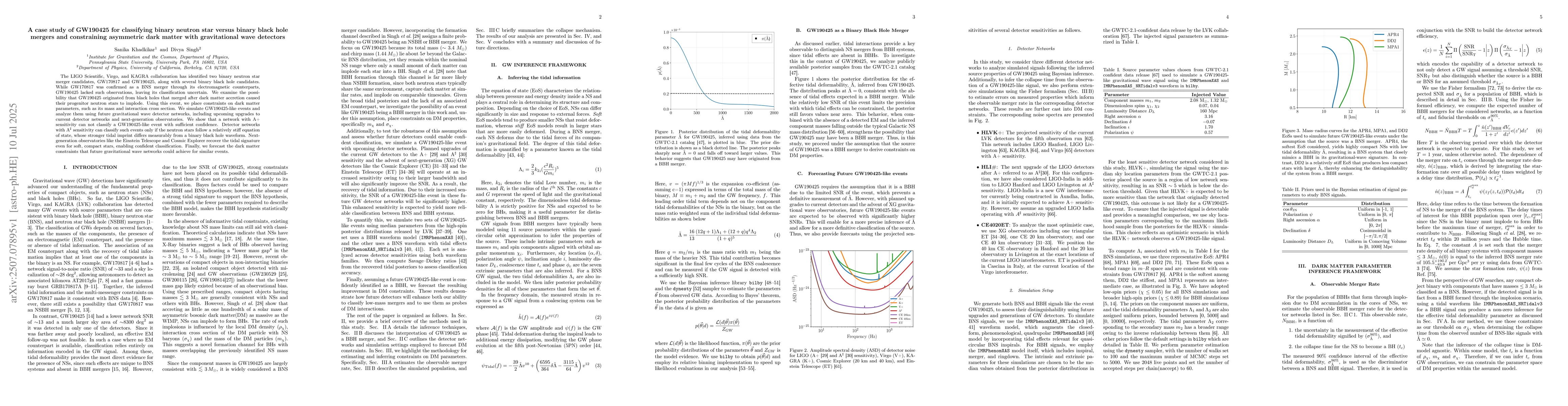 Thumbnail for A case study of GW190425 for classifying binary neutron star versus
  binary black hole mergers and constraining asymmetric dark matter with
  gravitational wave detectors