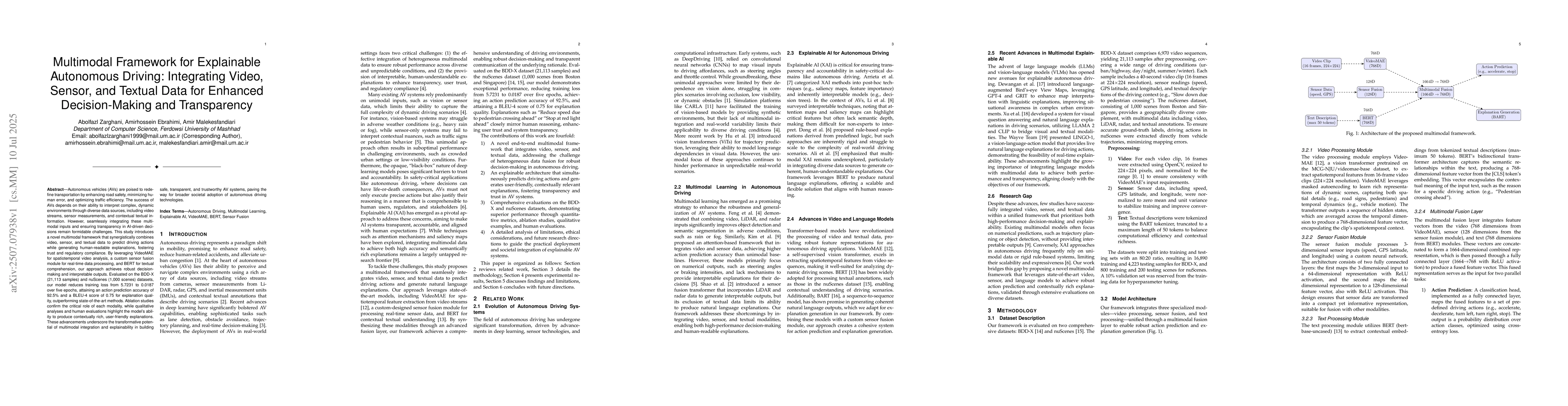 Thumbnail for Multimodal Framework for Explainable Autonomous Driving: Integrating
  Video, Sensor, and Textual Data for Enhanced Decision-Making and Transparency