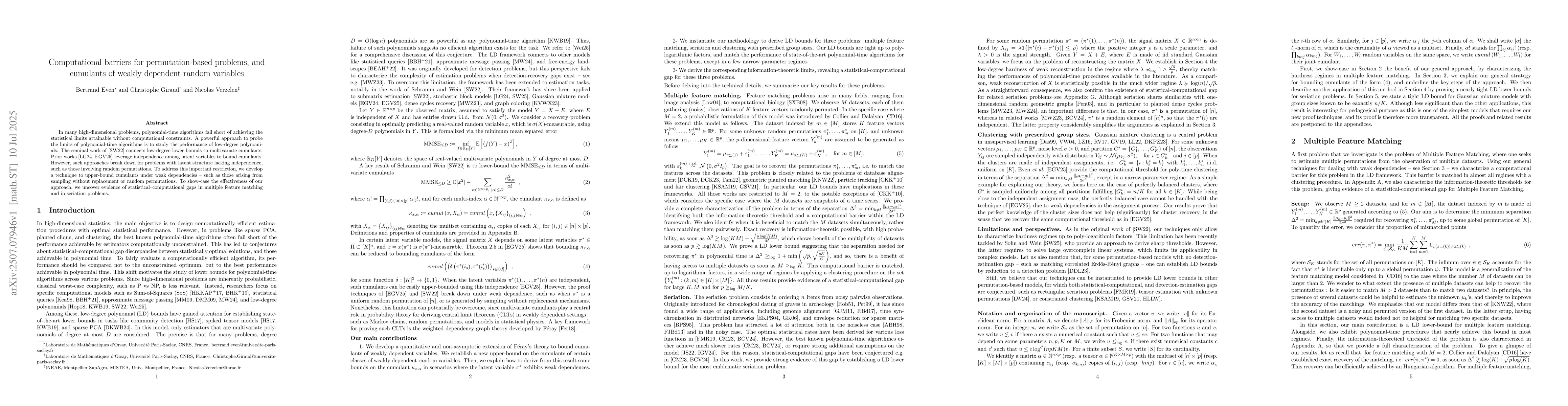 Thumbnail for Computational barriers for permutation-based problems, and cumulants of
  weakly dependent random variables