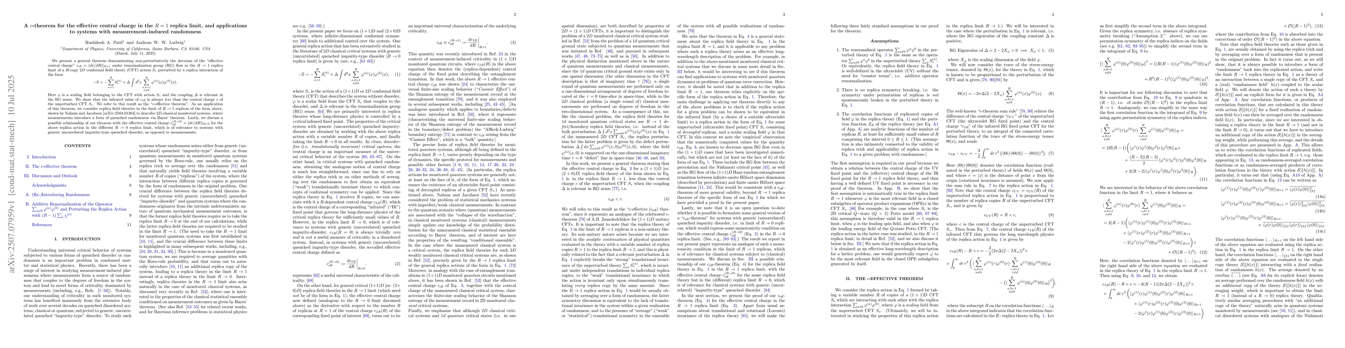 Thumbnail for A c-theorem for the effective central charge in the R=1 replica limit,
  and applications to systems with measurement-induced randomness