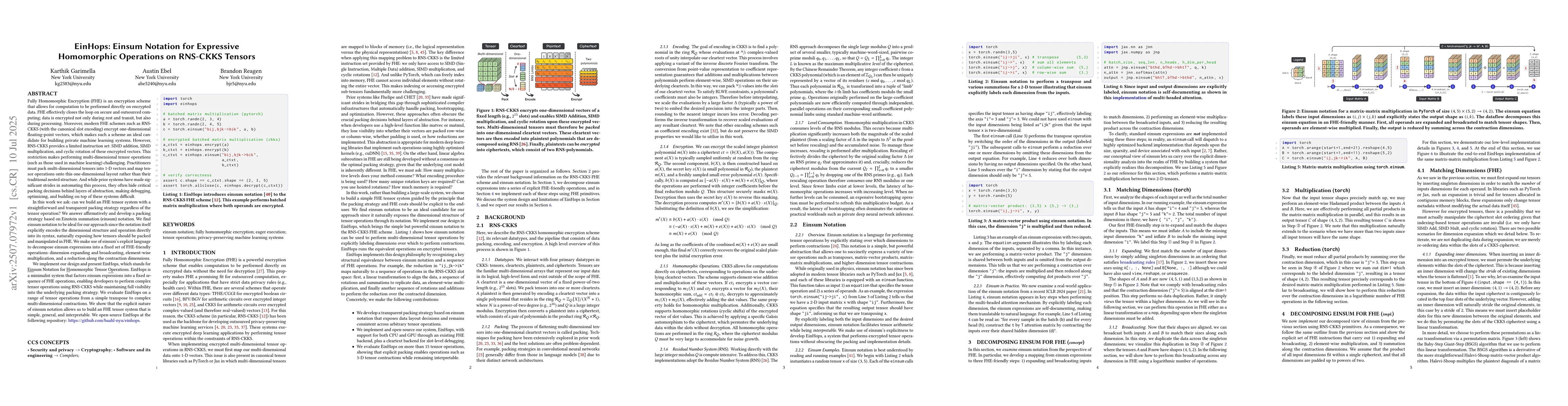 Thumbnail for EinHops: Einsum Notation for Expressive Homomorphic Operations on
  RNS-CKKS Tensors