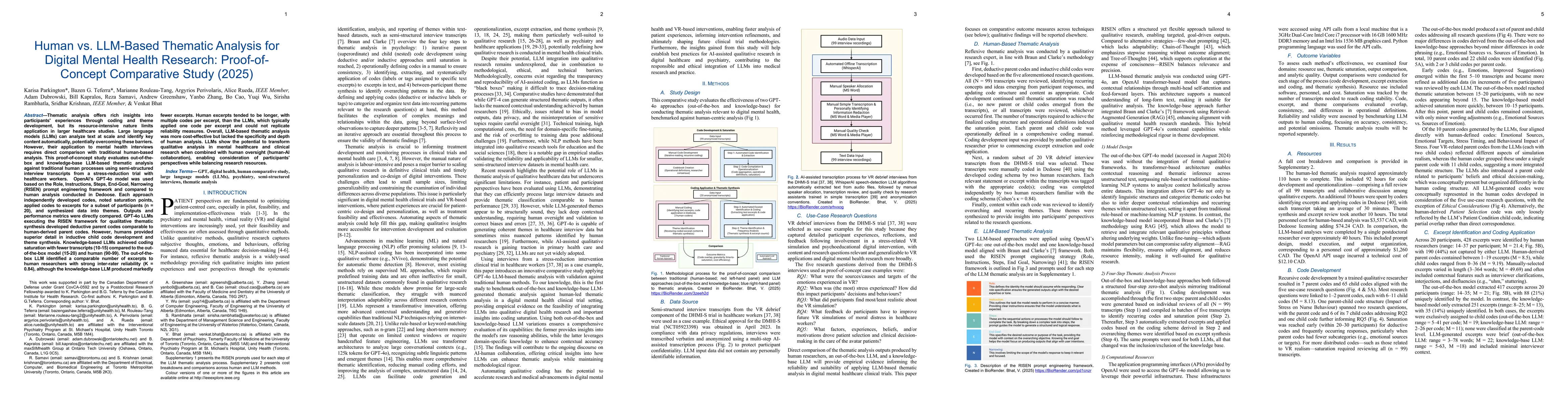 Thumbnail for Human vs. LLM-Based Thematic Analysis for Digital Mental Health
  Research: Proof-of-Concept Comparative Study