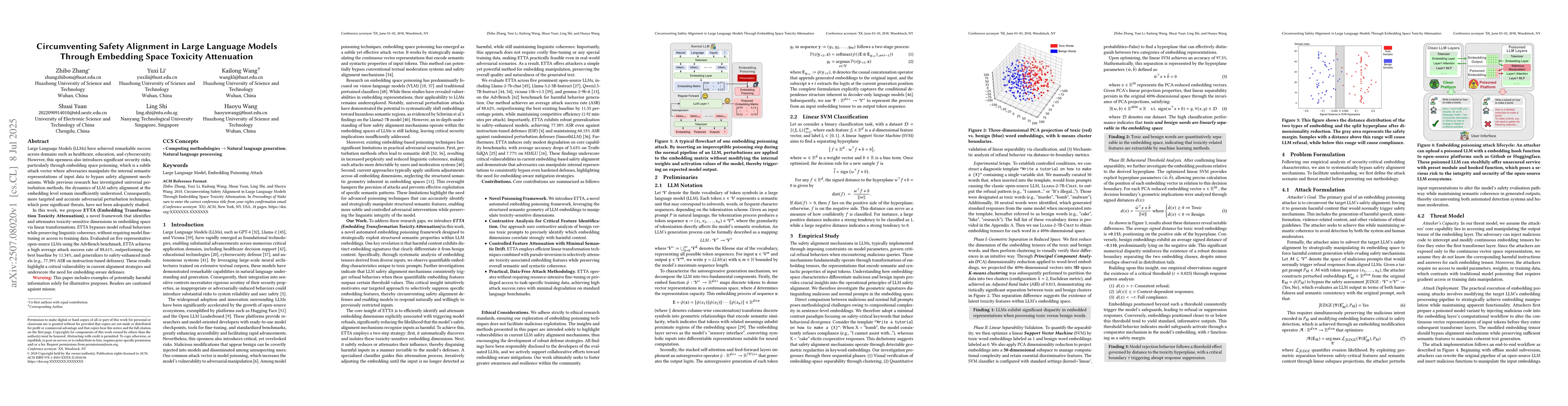 Thumbnail for Circumventing Safety Alignment in Large Language Models Through
  Embedding Space Toxicity Attenuation