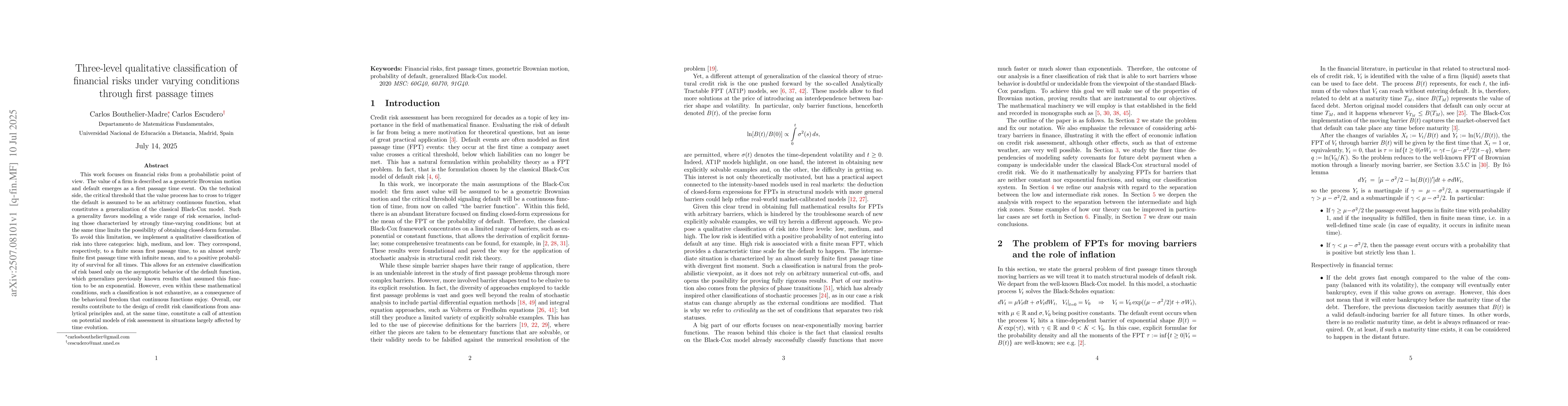 Thumbnail for Three-level qualitative classification of financial risks under varying
  conditions through first passage times
