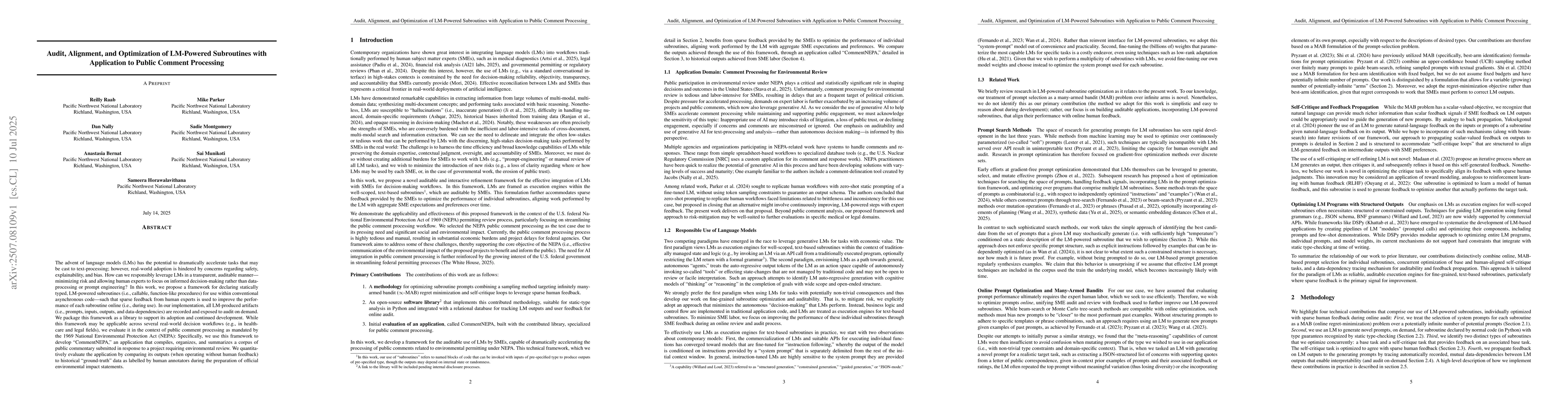 Thumbnail for Audit, Alignment, and Optimization of LM-Powered Subroutines with
  Application to Public Comment Processing
