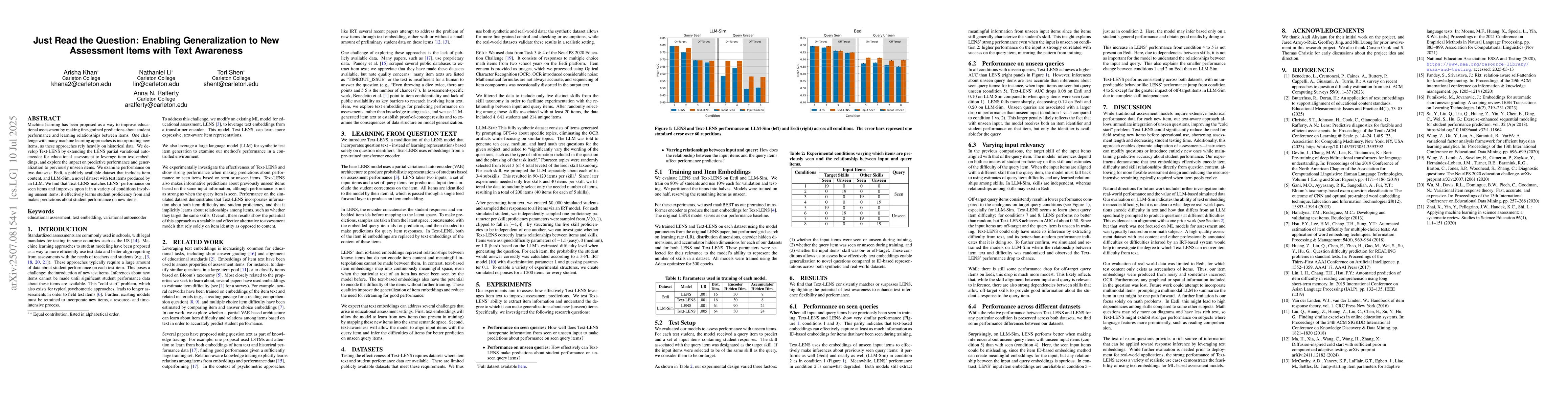 Thumbnail for Just Read the Question: Enabling Generalization to New Assessment Items
  with Text Awareness