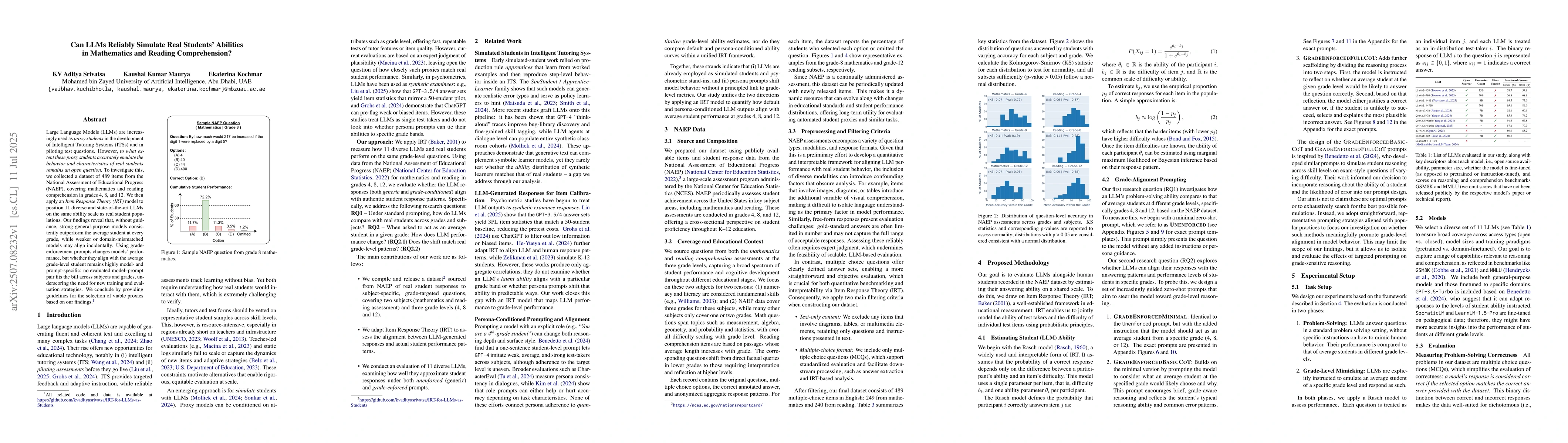 Thumbnail for Can LLMs Reliably Simulate Real Students' Abilities in Mathematics and
  Reading Comprehension?