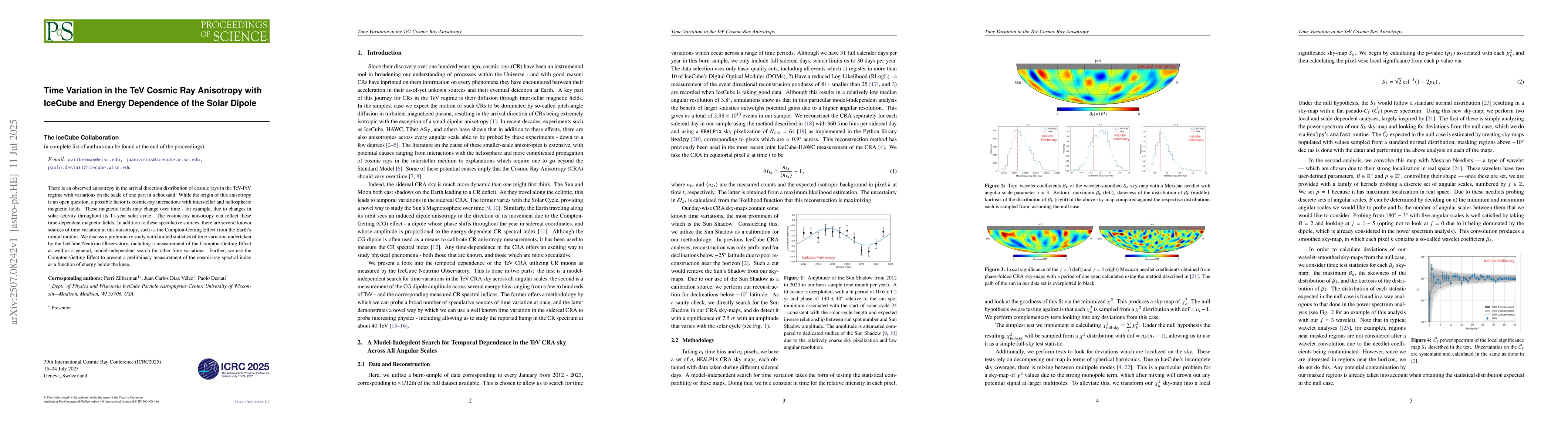 Thumbnail for Time Variation in the TeV Cosmic Ray Anisotropy with IceCube and Energy
  Dependence of the Solar Dipole