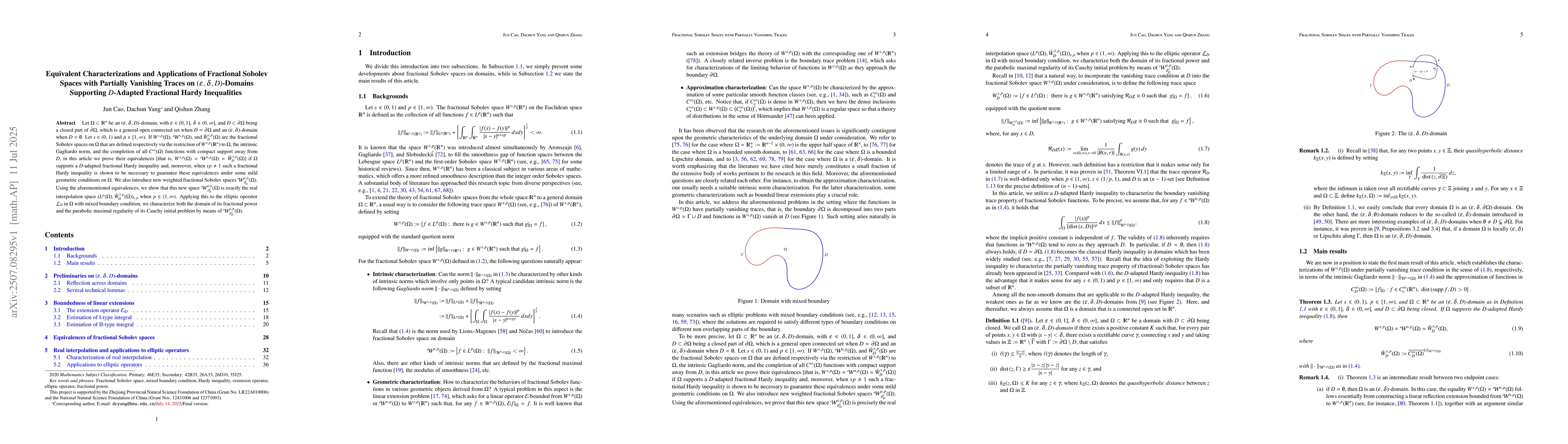 Thumbnail for Equivalent Characterizations and Applications of Fractional Sobolev
  Spaces with Partially Vanishing Traces on $(ε,δ,D)$-Domains
  Supporting $D$-Adapted Fractional Hardy Inequalities