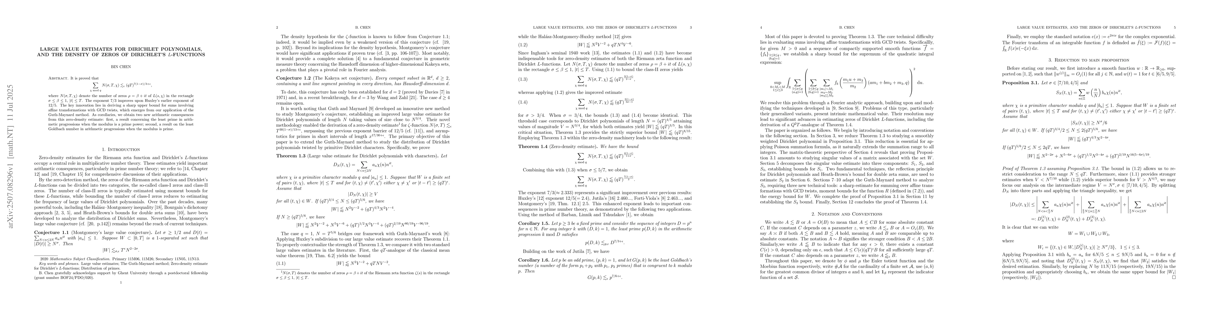 Thumbnail for Large value estimates for Dirichlet polynomials, and the density of
  zeros of Dirichlet's $L$-functions