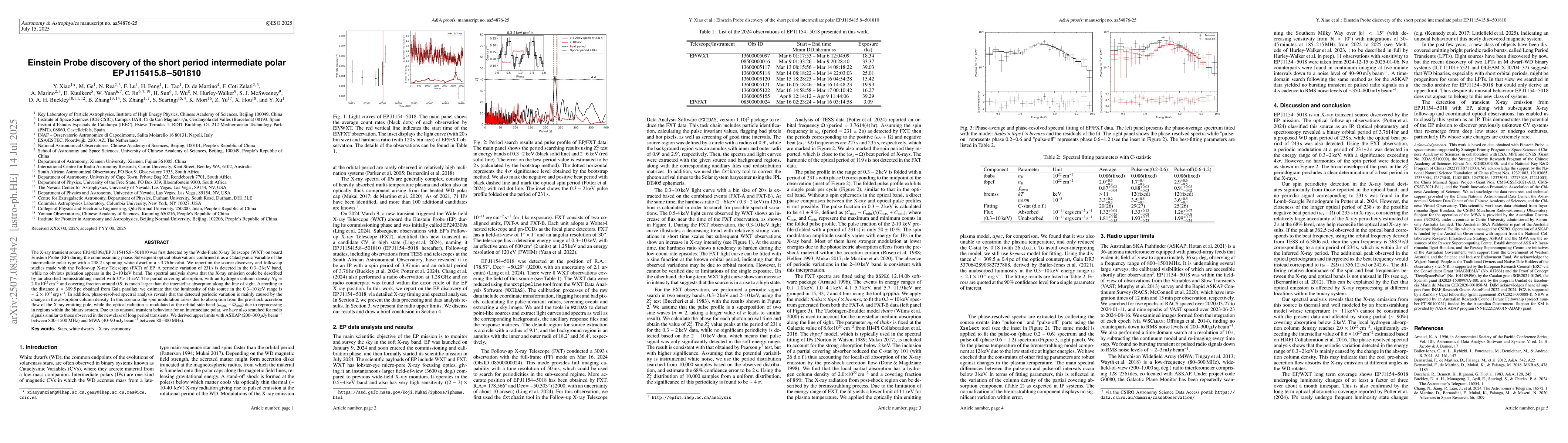Thumbnail for Einstein Probe discovery of the short period intermediate polar EP
  J115415.8-501810