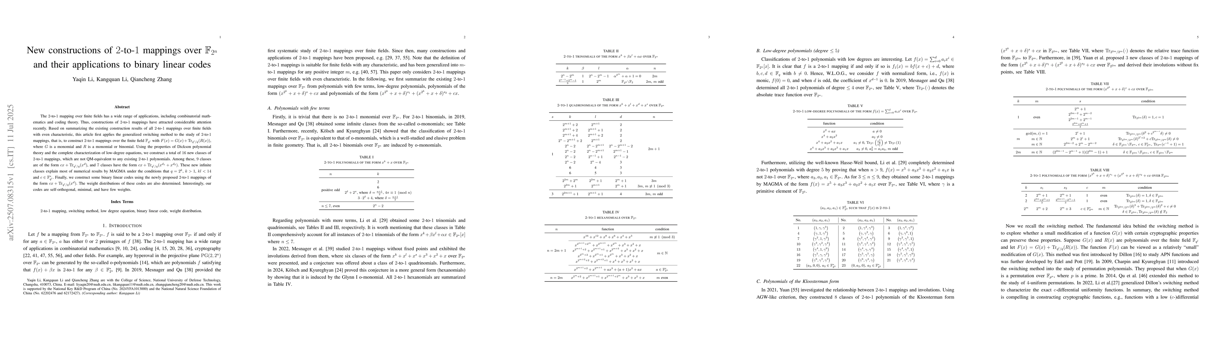 Thumbnail for New constructions of $2$-to-$1$ mappings over $\gf_{2^n}$ and their
  applications to binary linear codes