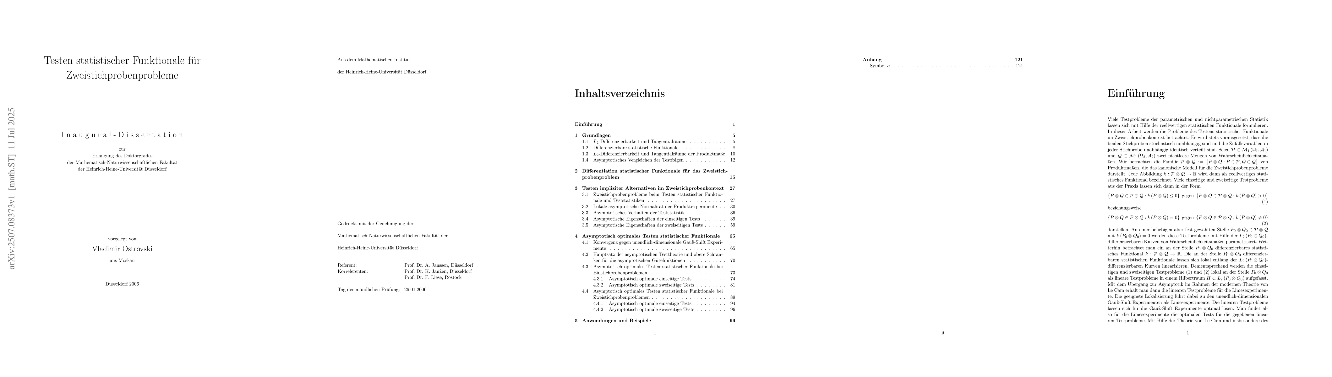 Thumbnail for Testen statistischer Funktionale für Zweistichprobenprobleme