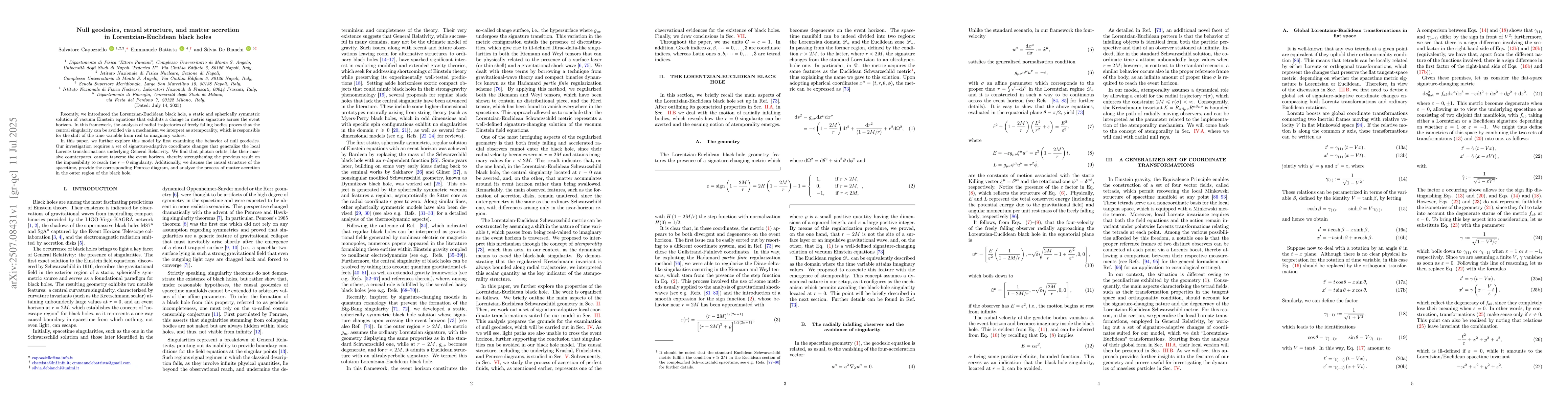 Thumbnail for Null geodesics, causal structure, and matter accretion in
  Lorentzian-Euclidean black holes