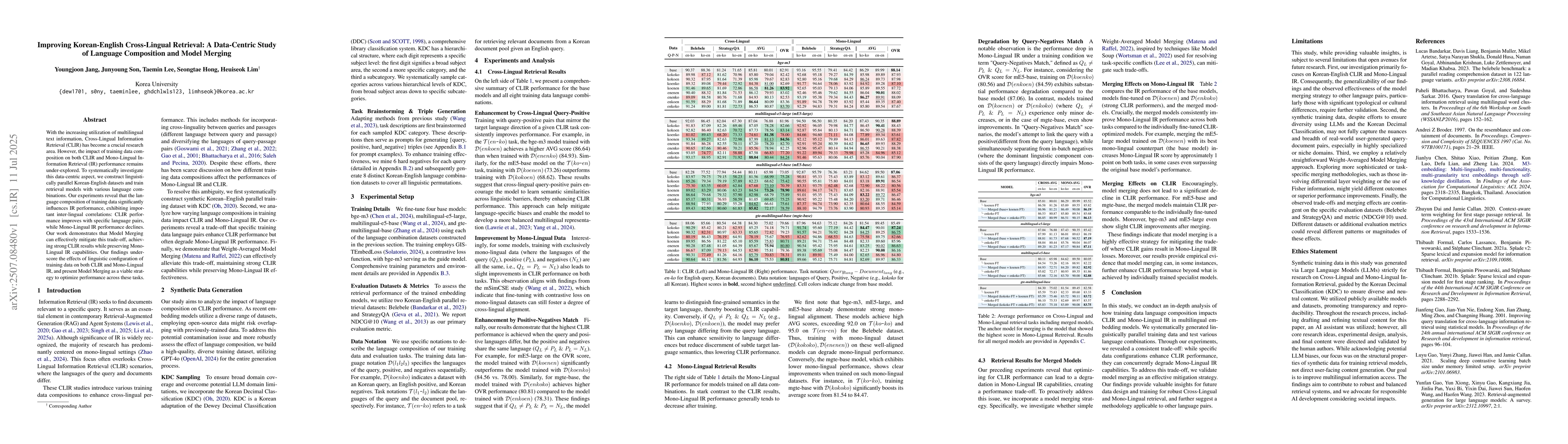 Thumbnail for Improving Korean-English Cross-Lingual Retrieval: A Data-Centric Study
  of Language Composition and Model Merging