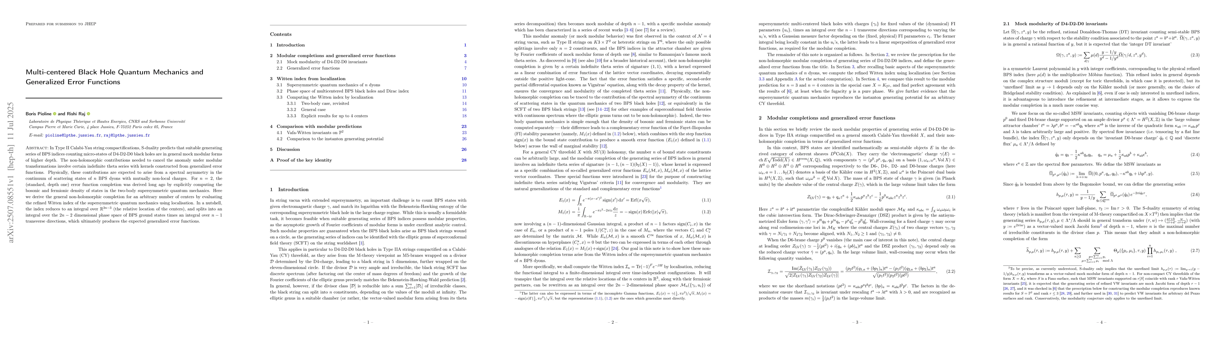 Thumbnail for Multi-centered Black Hole Quantum Mechanics and Generalized Error
  Functions