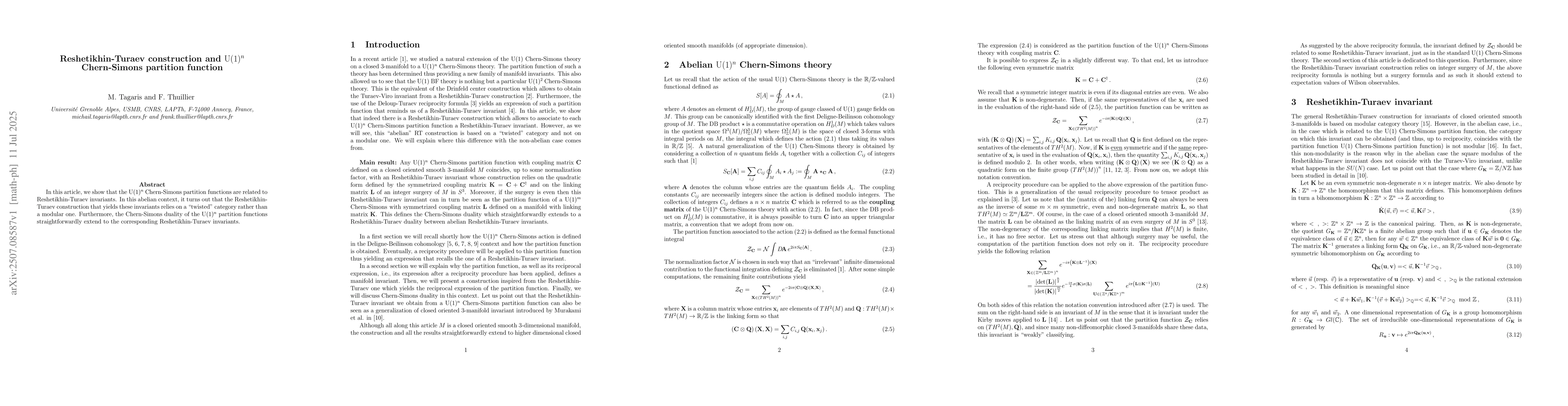 Thumbnail for Reshetikhin-Turaev construction and $\mathrm{U}(1)^n$ Chern-Simons
  partition function