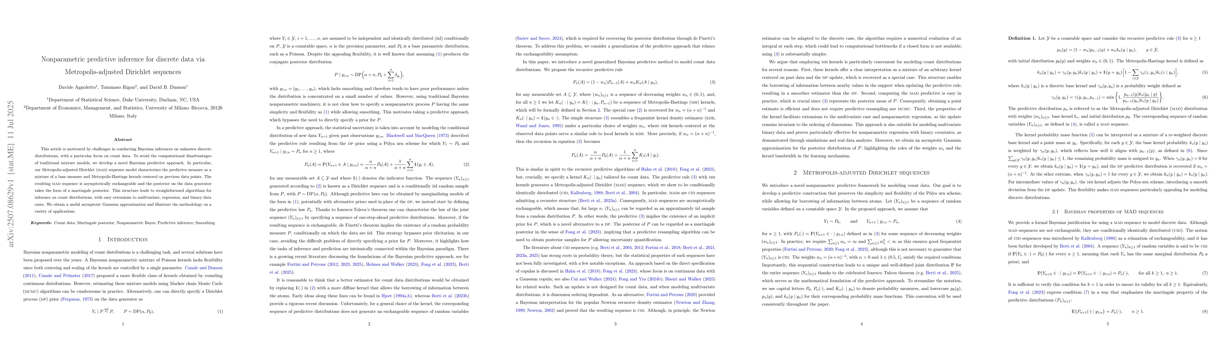 Thumbnail for Nonparametric predictive inference for discrete data via
  Metropolis-adjusted Dirichlet sequences