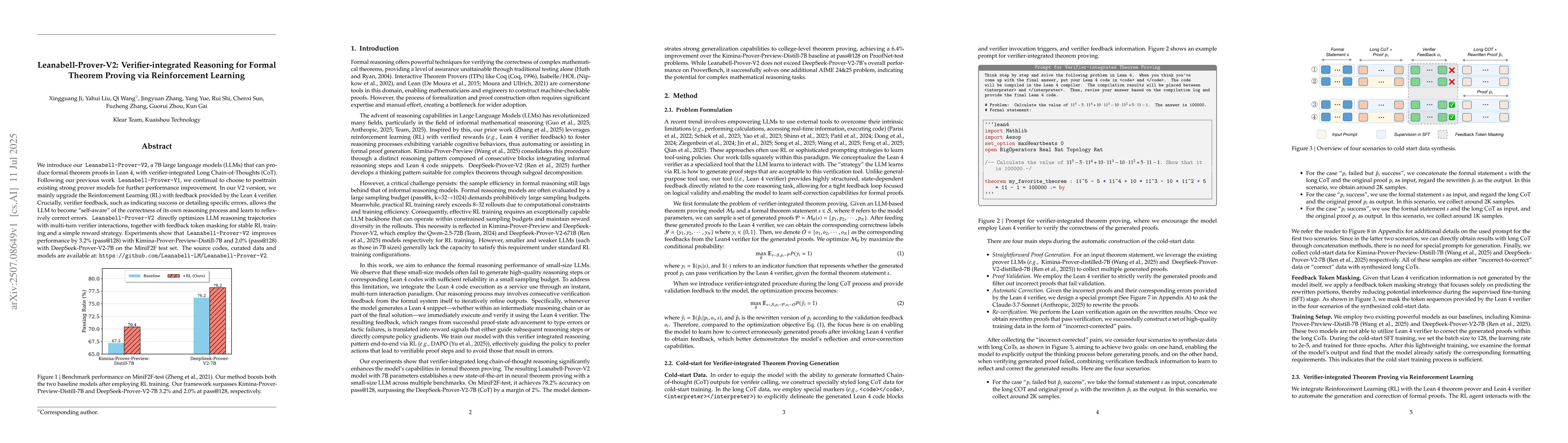 Thumbnail for Leanabell-Prover-V2: Verifier-integrated Reasoning for Formal Theorem
  Proving via Reinforcement Learning