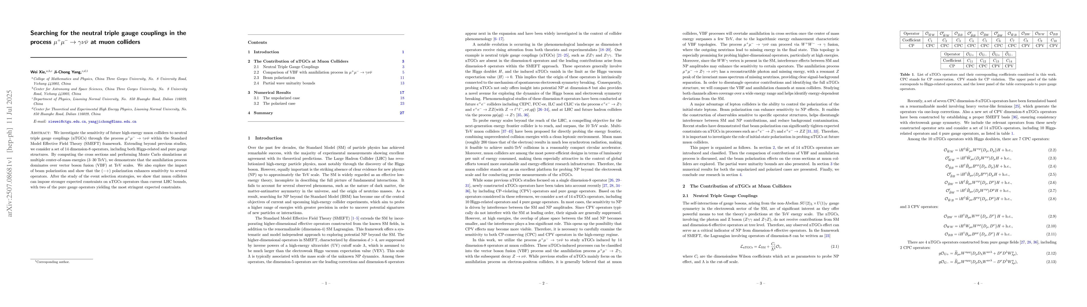 Thumbnail for Searching for the neutral triple gauge couplings in the process
  $μ^+μ^-\to γν\barν$ at muon colliders