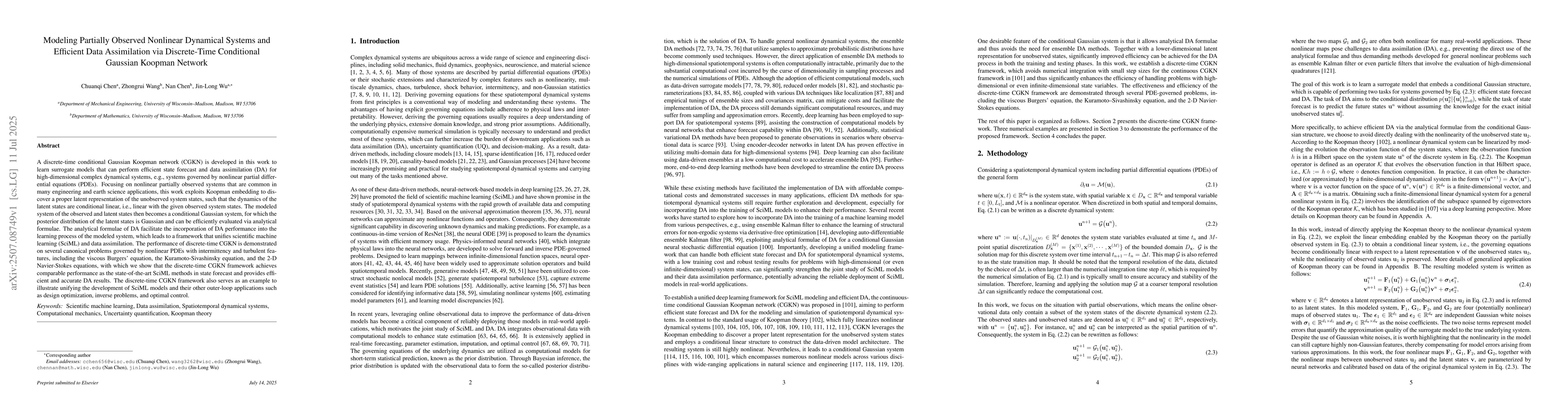 Thumbnail for Modeling Partially Observed Nonlinear Dynamical Systems and Efficient
  Data Assimilation via Discrete-Time Conditional Gaussian Koopman Network