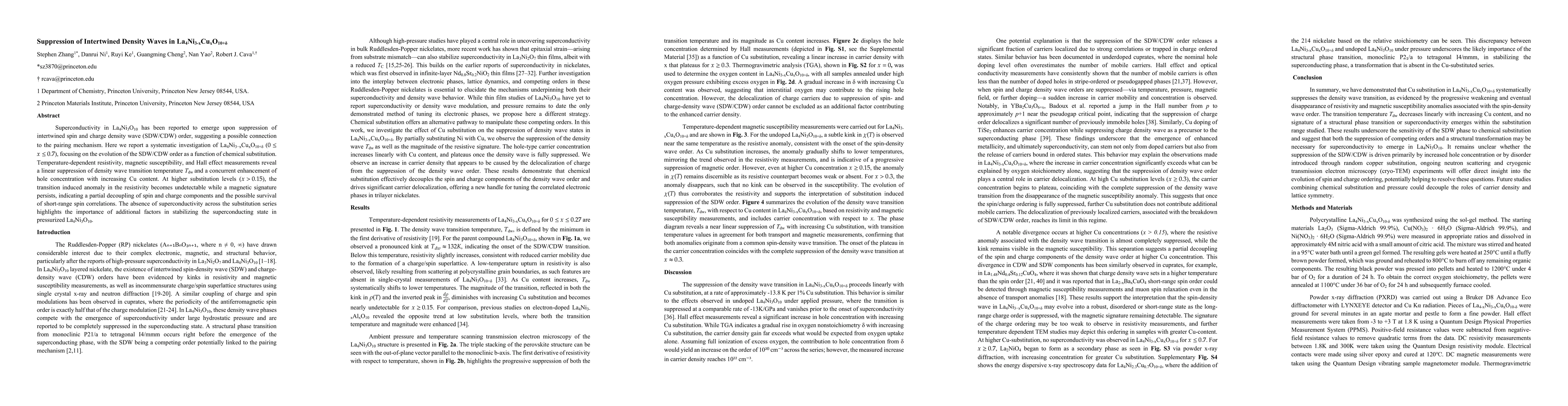 Thumbnail for Suppression of Intertwined Density Waves in
  La$_4$Ni$_{3-x}$Cu$_x$O$_{10+δ}$