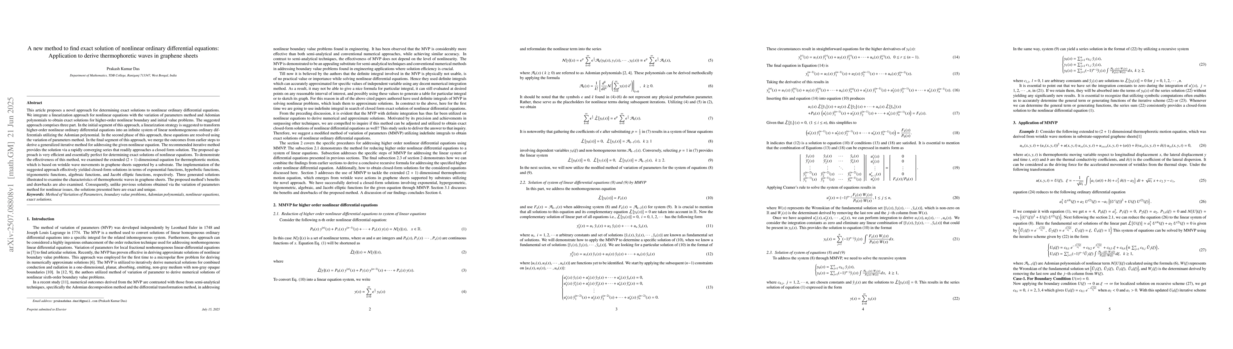 Thumbnail for A new method to find exact solution of nonlinear ordinary differential
  equations: Application to derive thermophoretic waves in graphene sheets