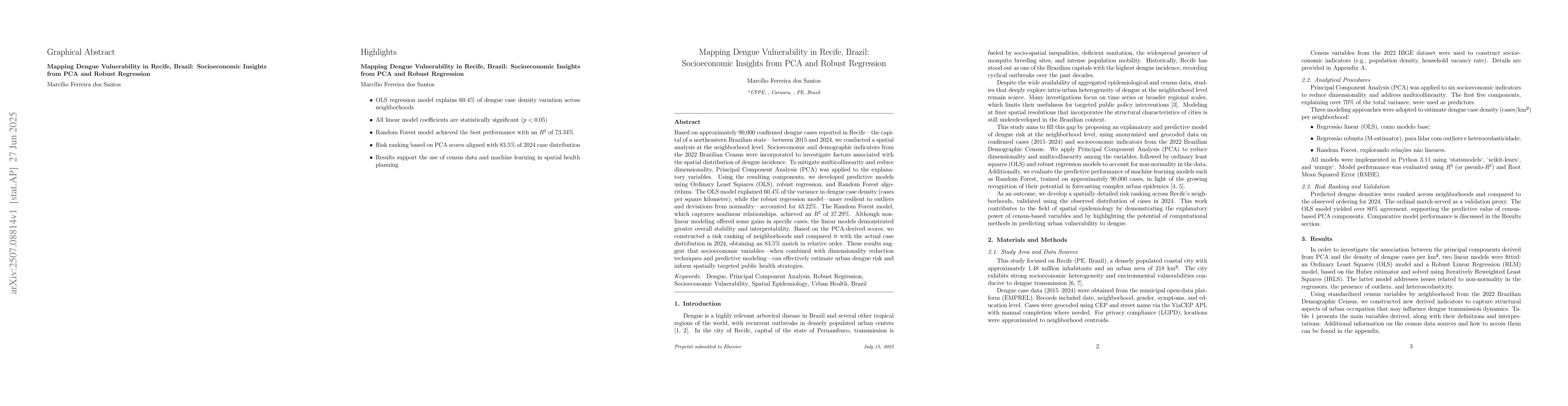 Thumbnail for Mapping Dengue Vulnerability in Recife, Brazil: Socioeconomic Insights
  from PCA and Robust Regression