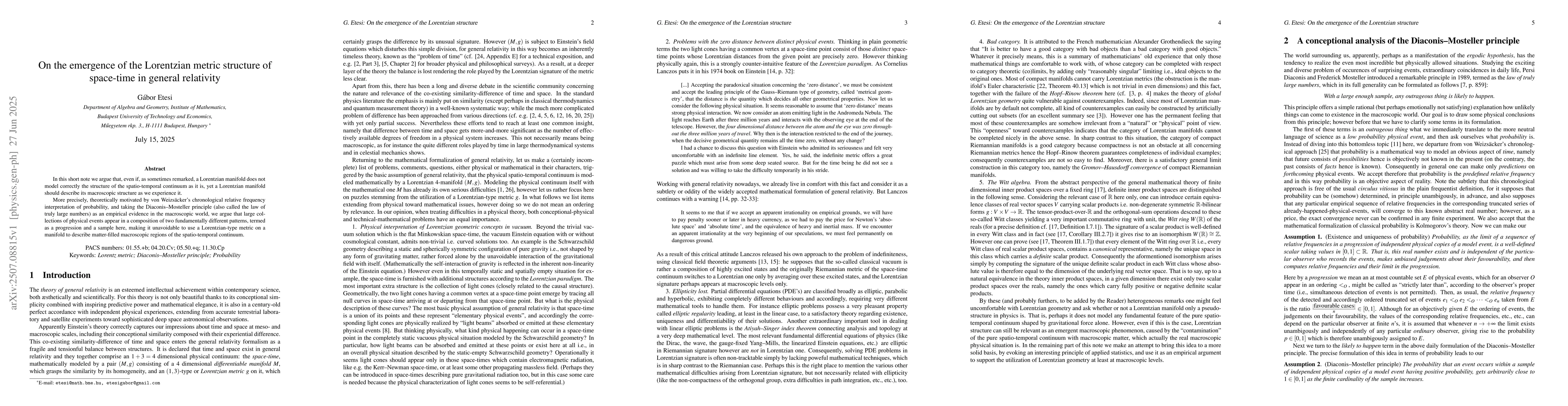 Thumbnail for On the emergence of the Lorentzian metric structure of space-time in
  general relativity