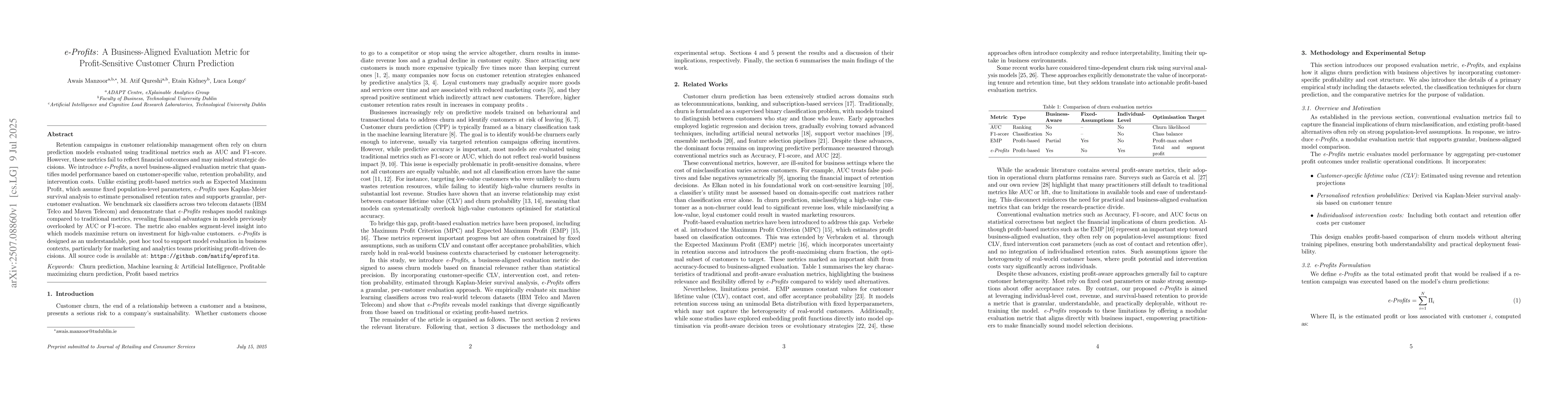 Thumbnail for e-Profits: A Business-Aligned Evaluation Metric for Profit-Sensitive
  Customer Churn Prediction