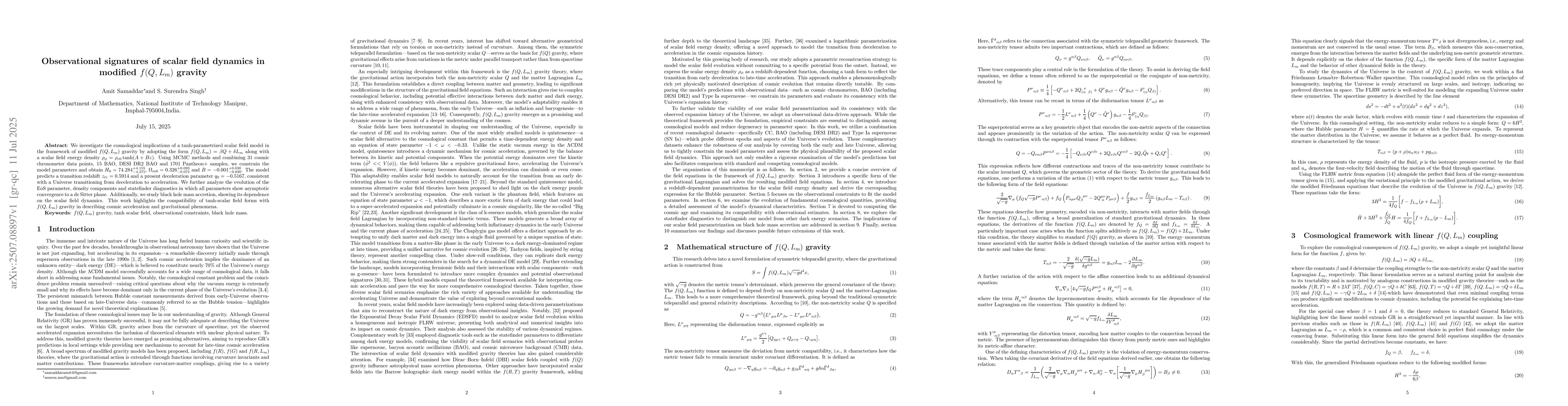 Thumbnail for Observational signatures of scalar field dynamics in modified $f(Q,
  L_m)$ gravity