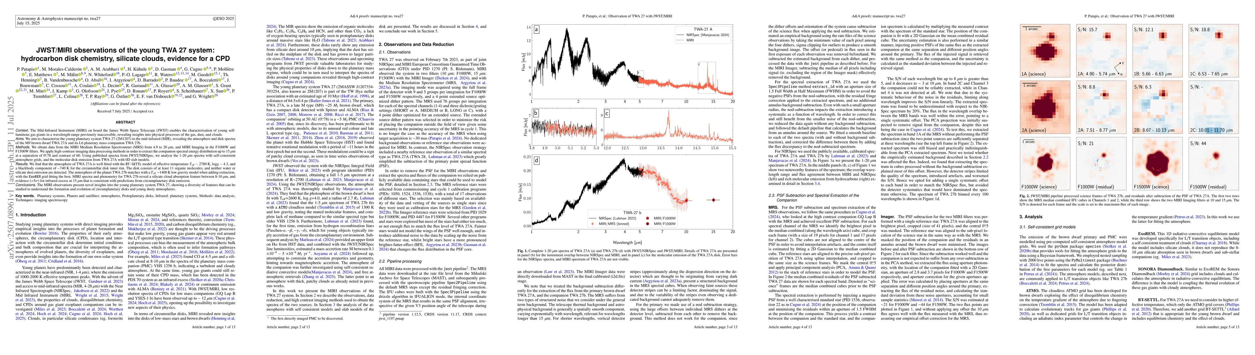 Thumbnail for JWST/MIRI observations of the young TWA 27 system: hydrocarbon disk
  chemistry, silicate clouds, evidence for a CPD
