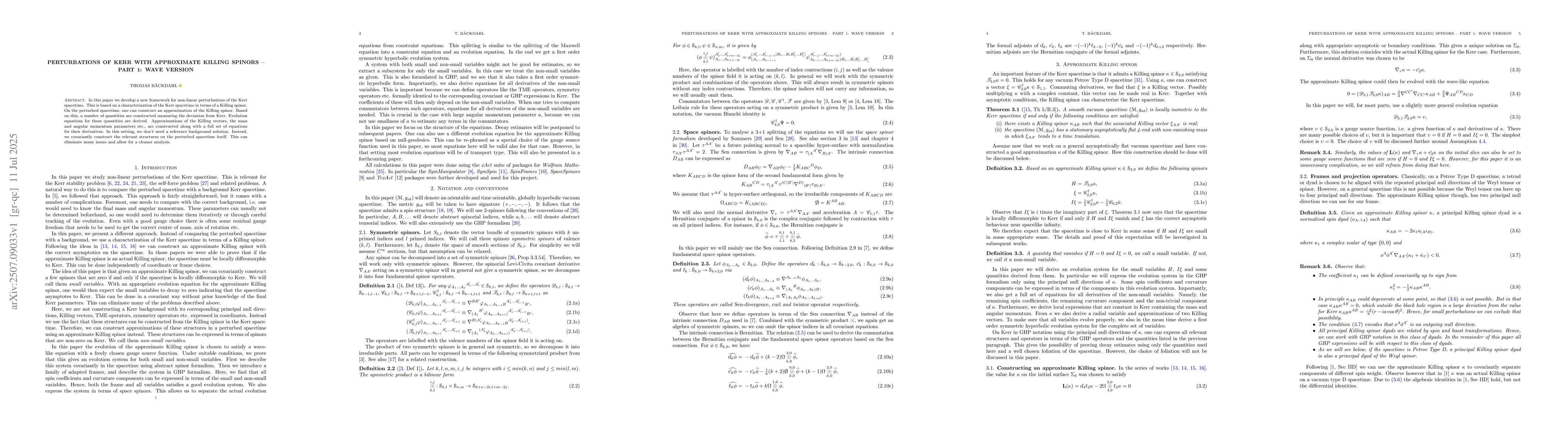 Thumbnail for Perturbations of Kerr with approximate Killing spinors -- Part 1: Wave
  version