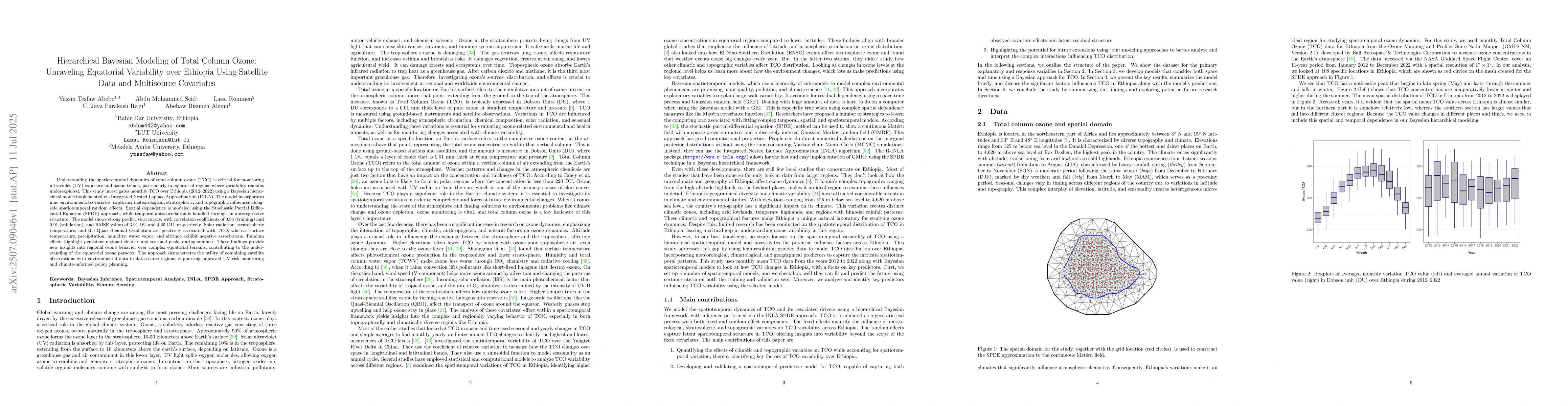Thumbnail for Hierarchical Bayesian Modeling of Total Column Ozone: Unraveling
  Equatorial Variability over Ethiopia Using Satellite Data and Multisource
  Covariates