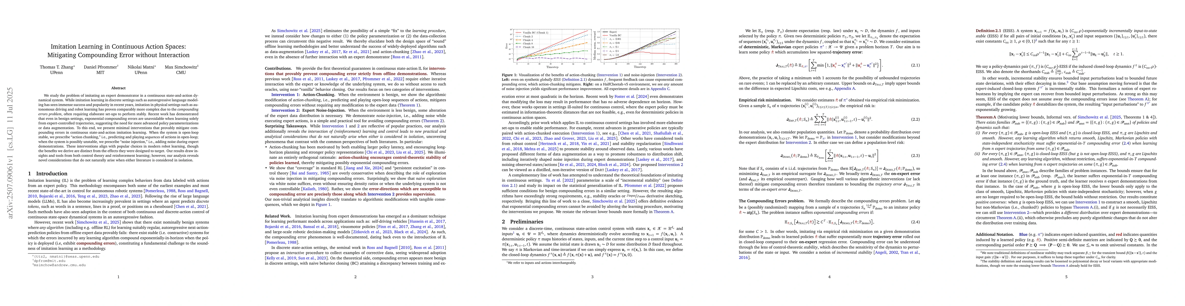 Thumbnail for Imitation Learning in Continuous Action Spaces: Mitigating Compounding
  Error without Interaction