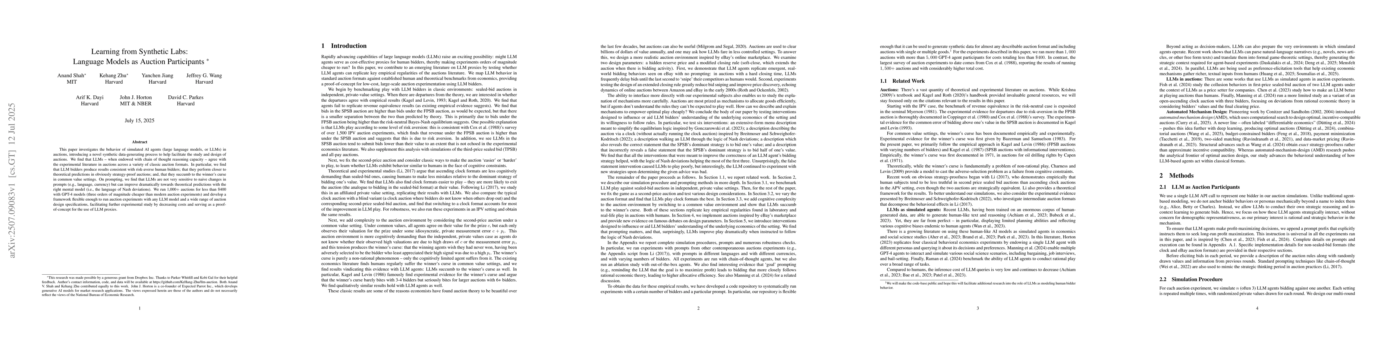 Thumbnail for Learning from Synthetic Labs: Language Models as Auction Participants