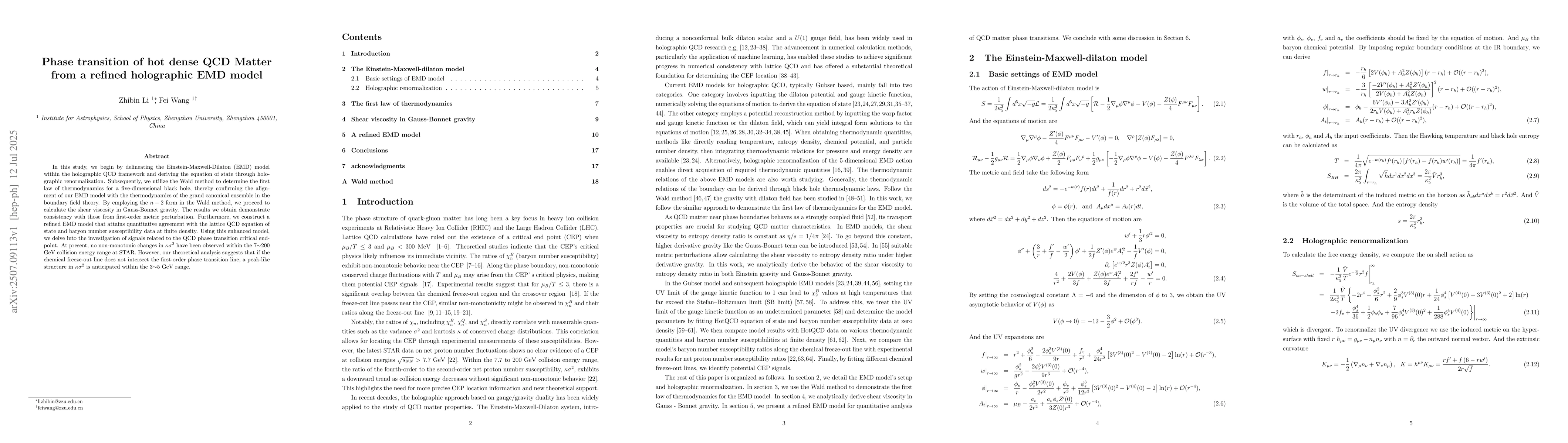 Thumbnail for Phase transition of hot dense QCD Matter from a refined holographic EMD
  model