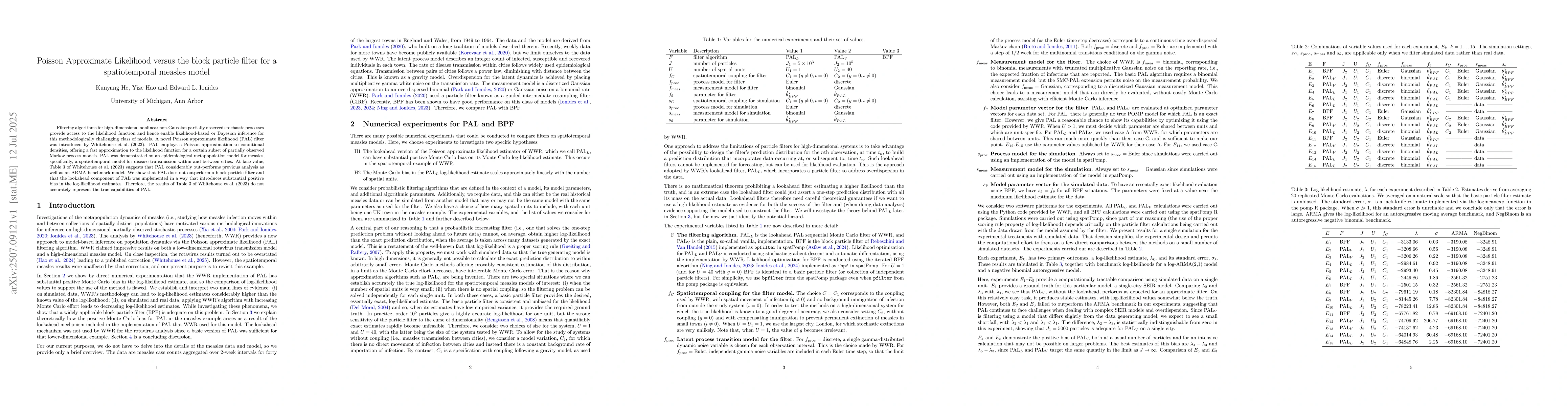 Thumbnail for Poisson Approximate Likelihood versus the block particle filter for a
  spatiotemporal measles model