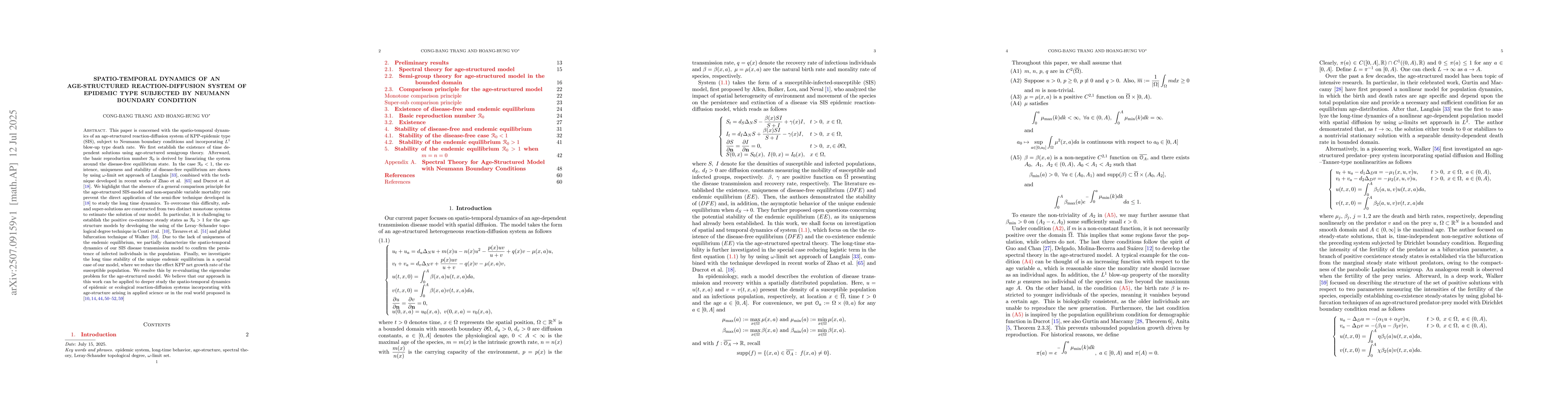 Thumbnail for Spatio-temporal dynamics of an age-structured reaction-diffusion system
  of epidemic type subjected by Neumann boundary condition