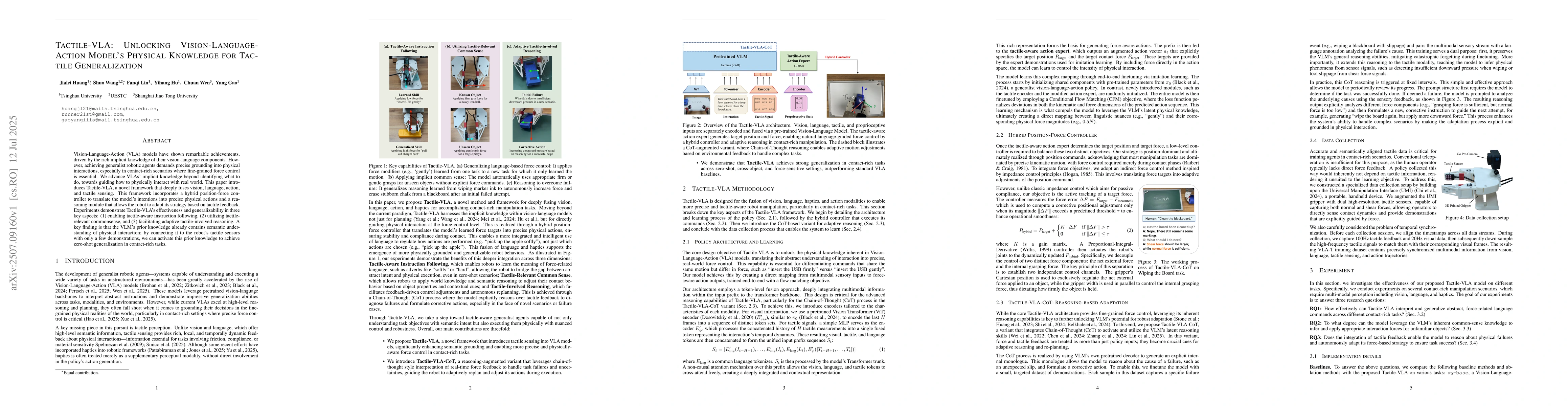 Thumbnail for Tactile-VLA: Unlocking Vision-Language-Action Model's Physical Knowledge
  for Tactile Generalization